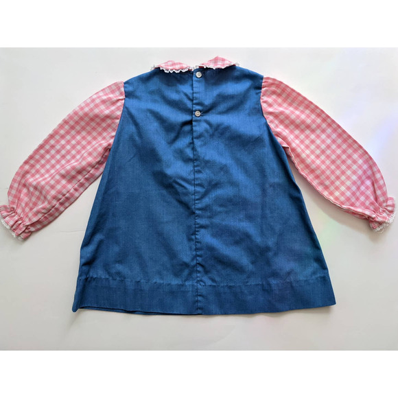 Vintage Girl's Jumper Dress Pink Gingham & Blue Cute Embroidered Mouse Detail - Picture 6 of 10